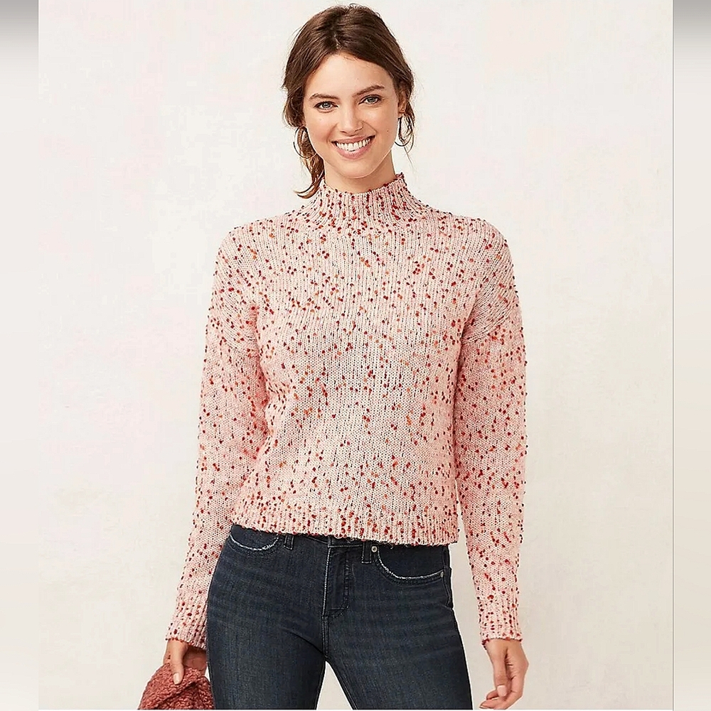 LC Lauren Conrad Pink & Red Confetti Mock Neck Cropped Sweater Size 2XL